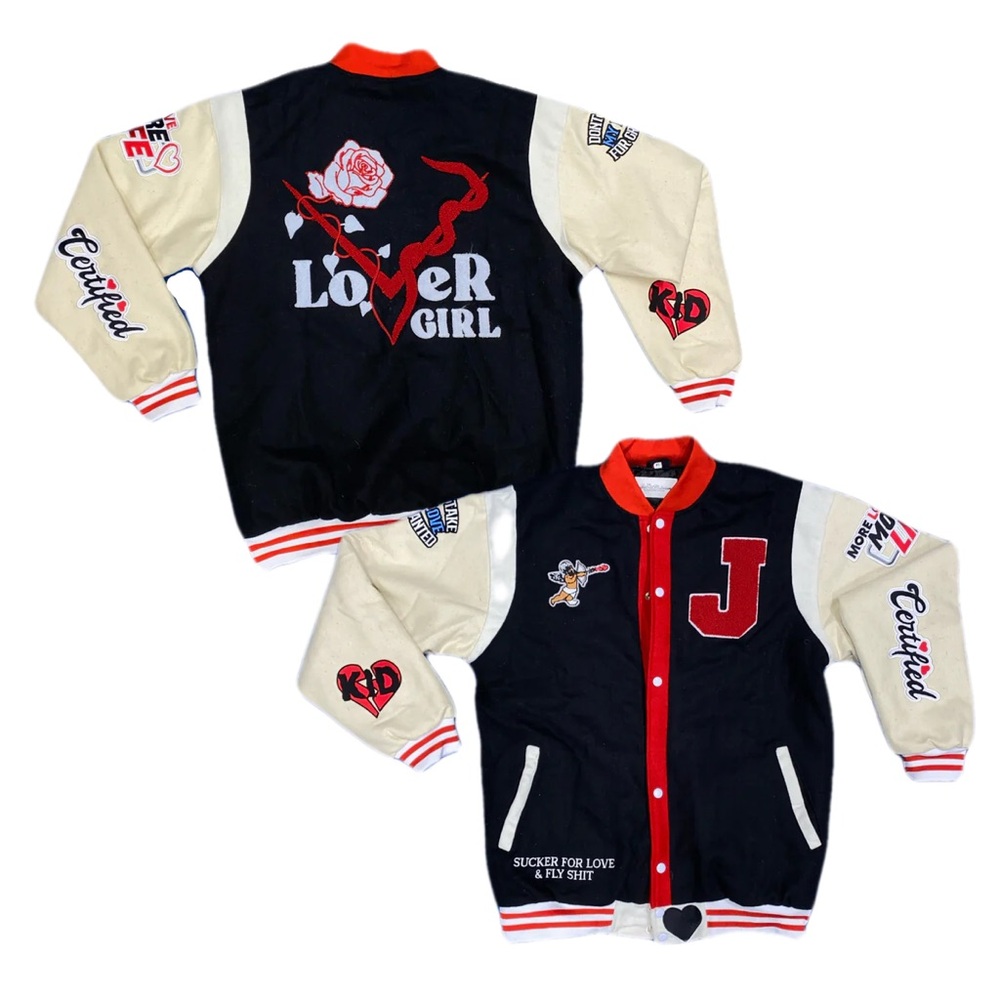 LOVER GIRL VARSITY JACKET BLACK AND RED